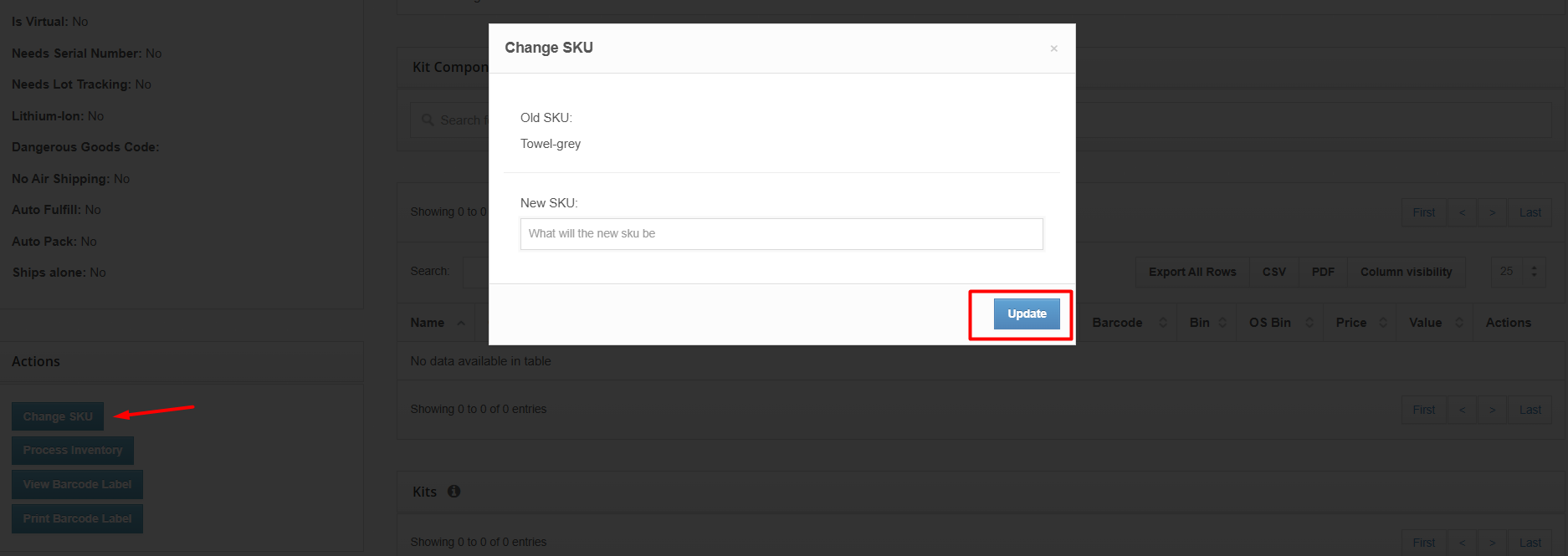 Screenshot of Change SKU button in ShipHero