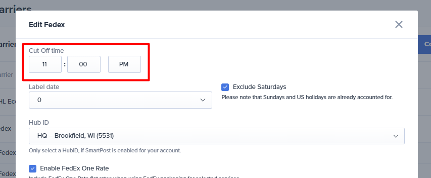 A screenshot of the carrier settings page with the cut-off time highlighted.