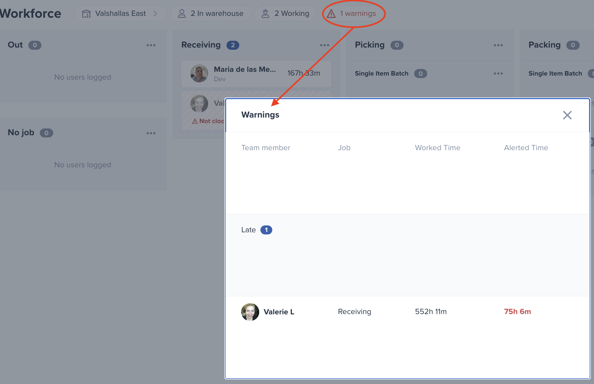Warnings callout at top of dashboard