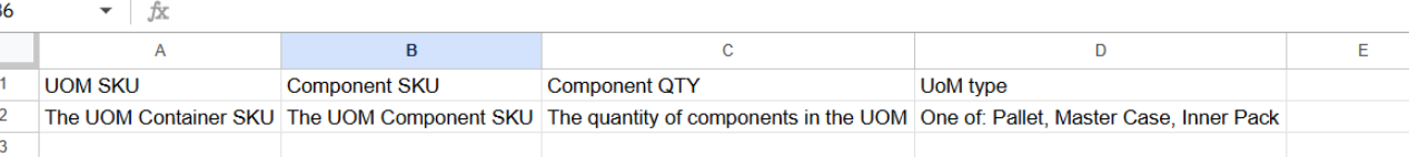 CSV upload template showing UOM columns