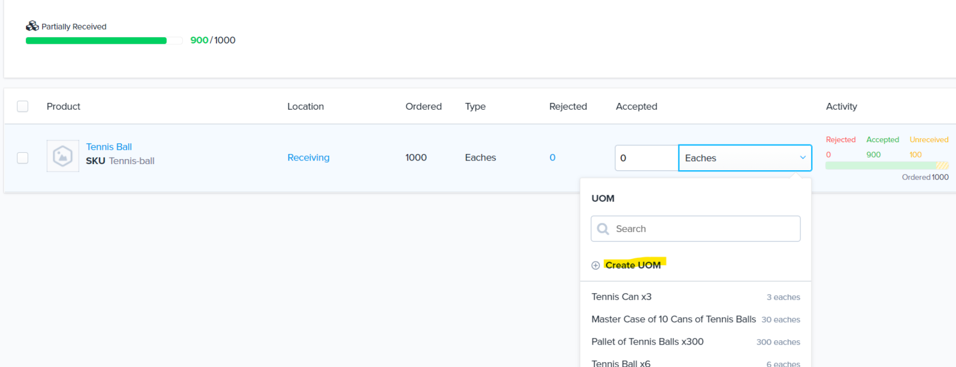 Receiving page showing the Accepted drop-down with Create UOM option