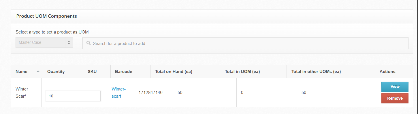 Product UOM Components section with component and quantity filled in