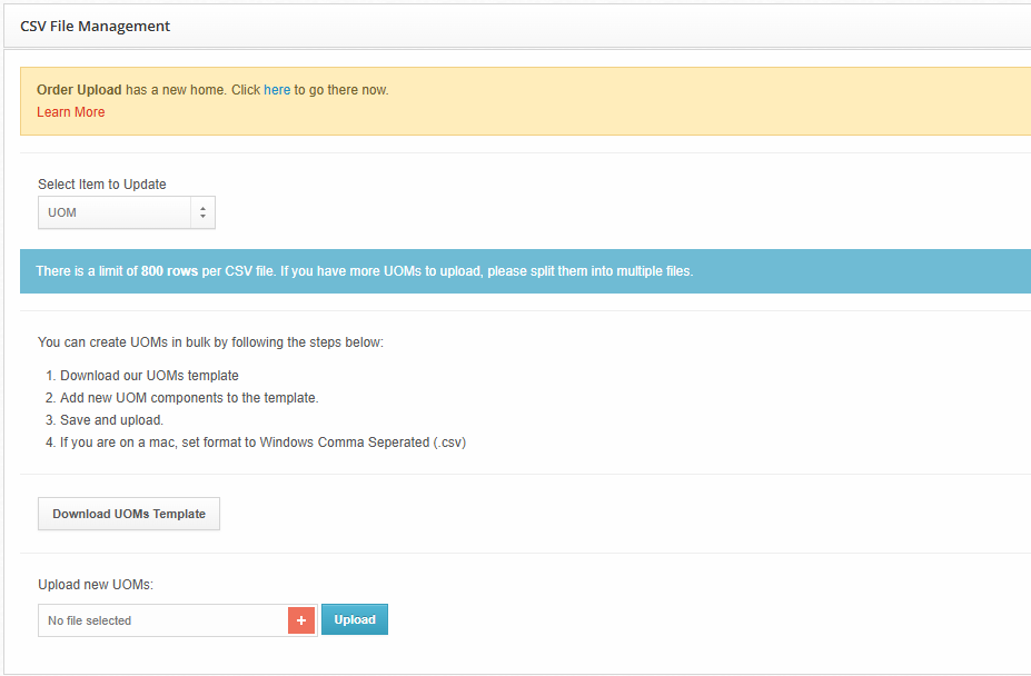 CSV Management page showing the UOM upload interface
