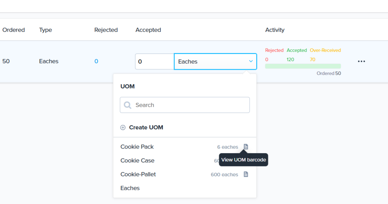 Receiving page showing the barcode print icon next to the UOM selector