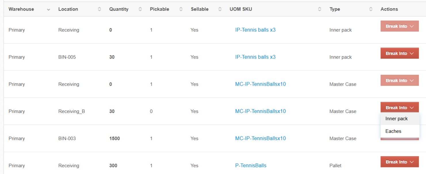 Product page Bins section showing the Break into button and UOM options