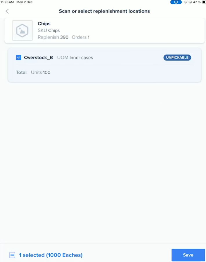 Mobile app Select location screen showing available UOMs