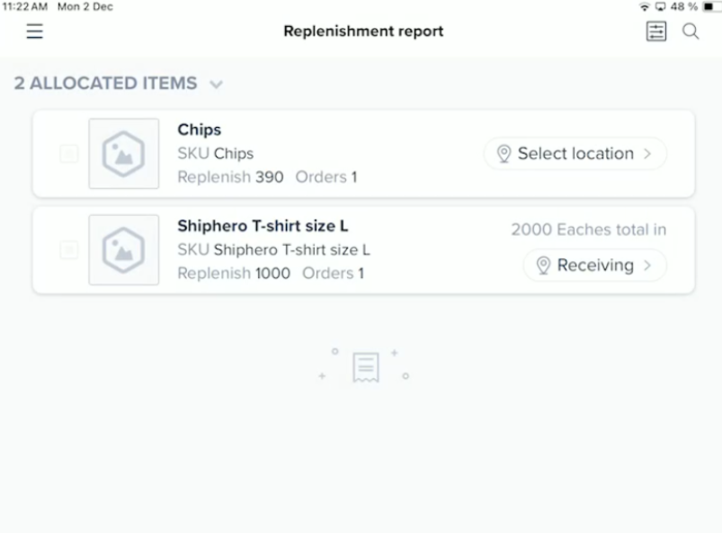 Mobile app Inventory Replenishment report screen