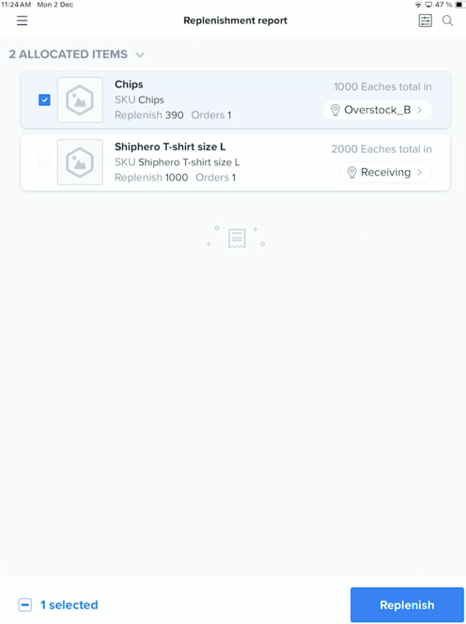 Mobile app replenishment quantity confirmation screen