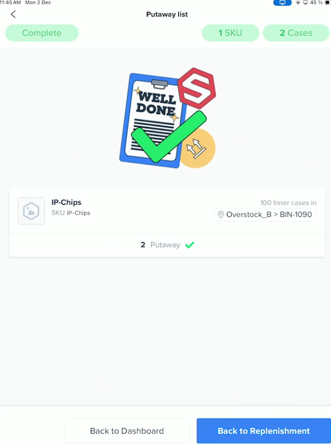 Mobile app replenishment confirmation screen