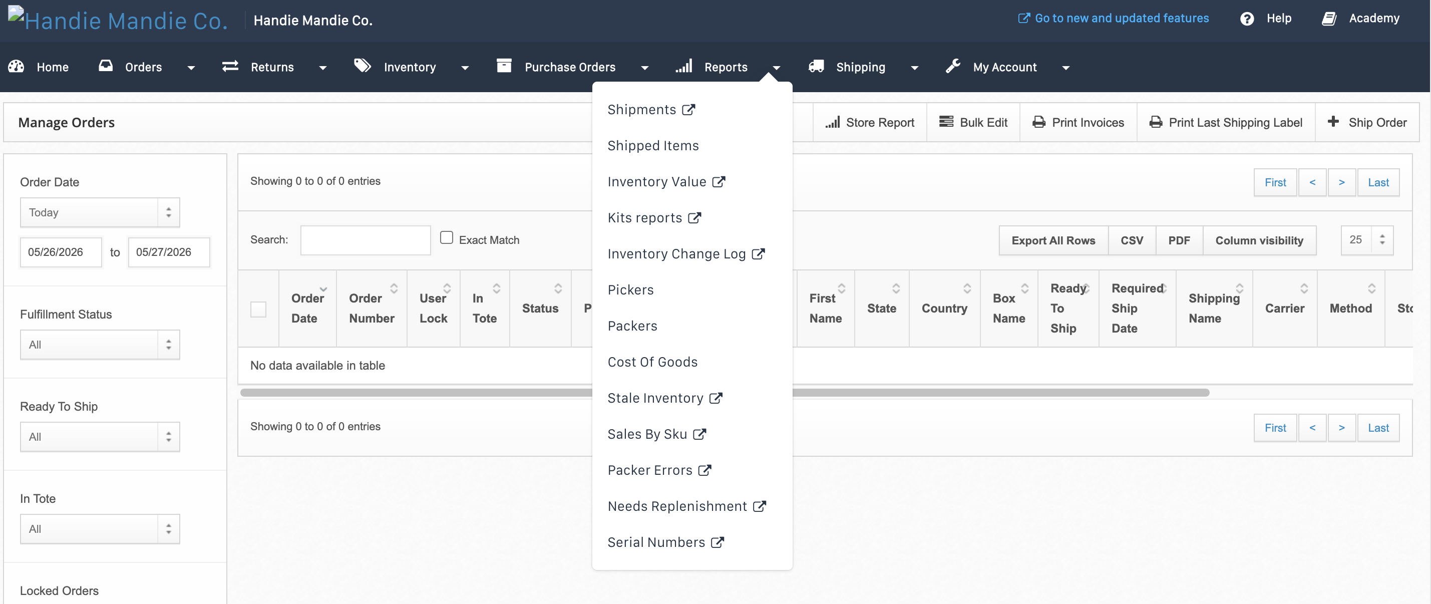 Reports menu in the ShipHero Web Dashboard