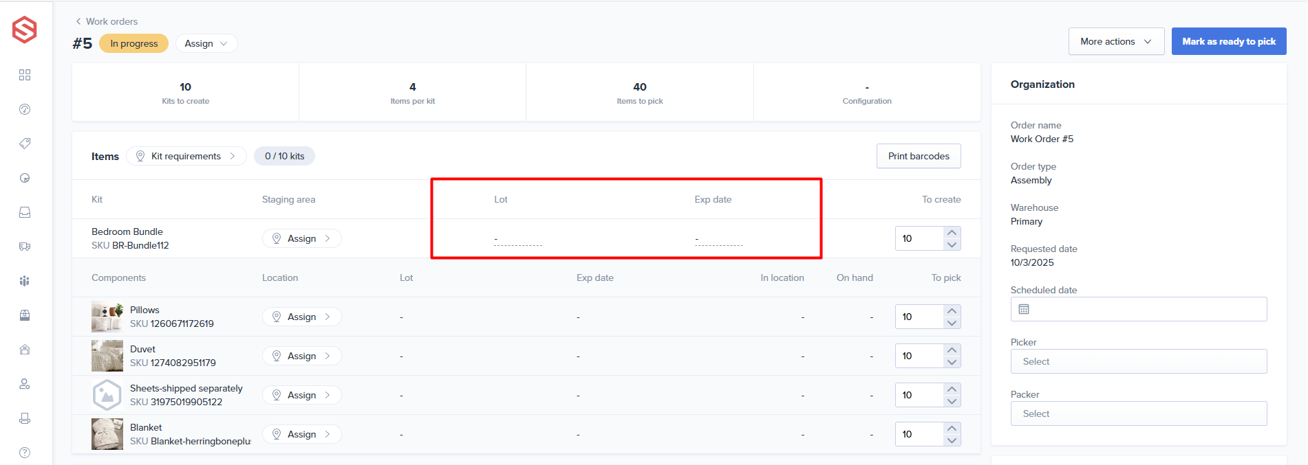 Lot name and expiration date fields on an Assembly work order with Needs Lot Tracking enabled