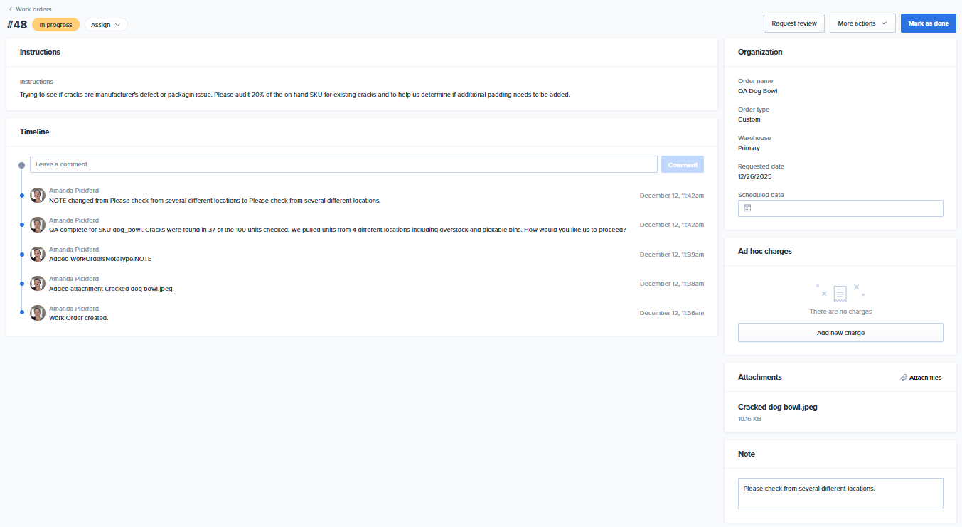 Work order details page for a Custom work order showing the Instructions section at the top