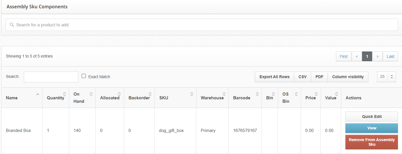 Assembly SKU components section showing component search, Quick Edit button, and Assembly Component Quantity field