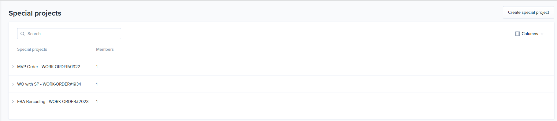 Special Projects list showing an auto-created project linked to a work order