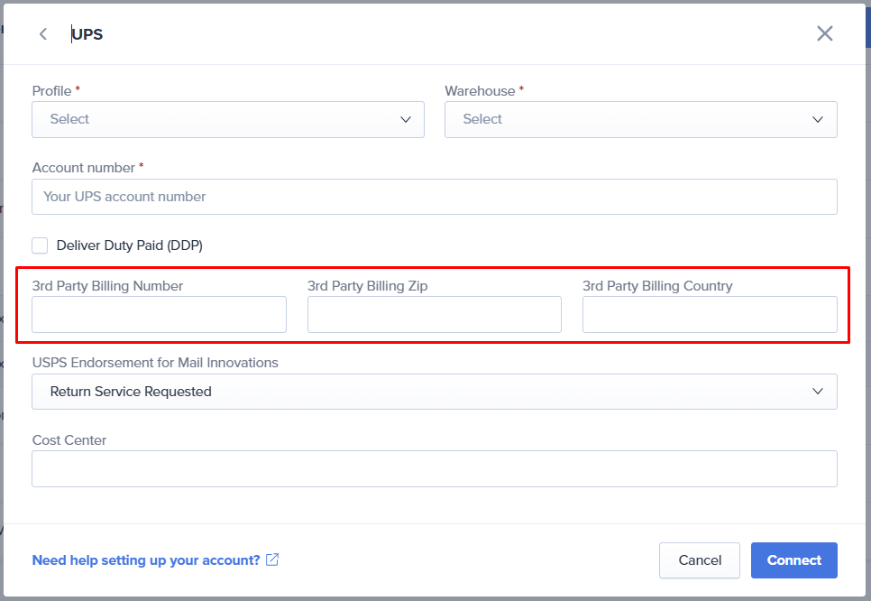 UPS connection form showing 3rd party billing fields