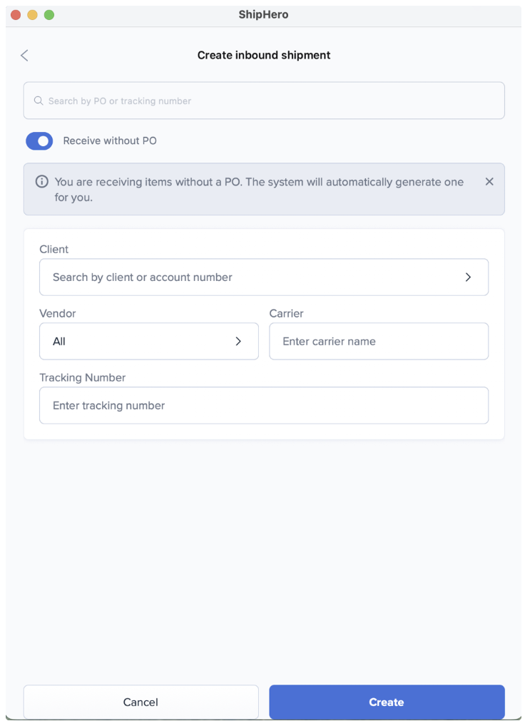 Receive without a PO option on ShipHero mobile app