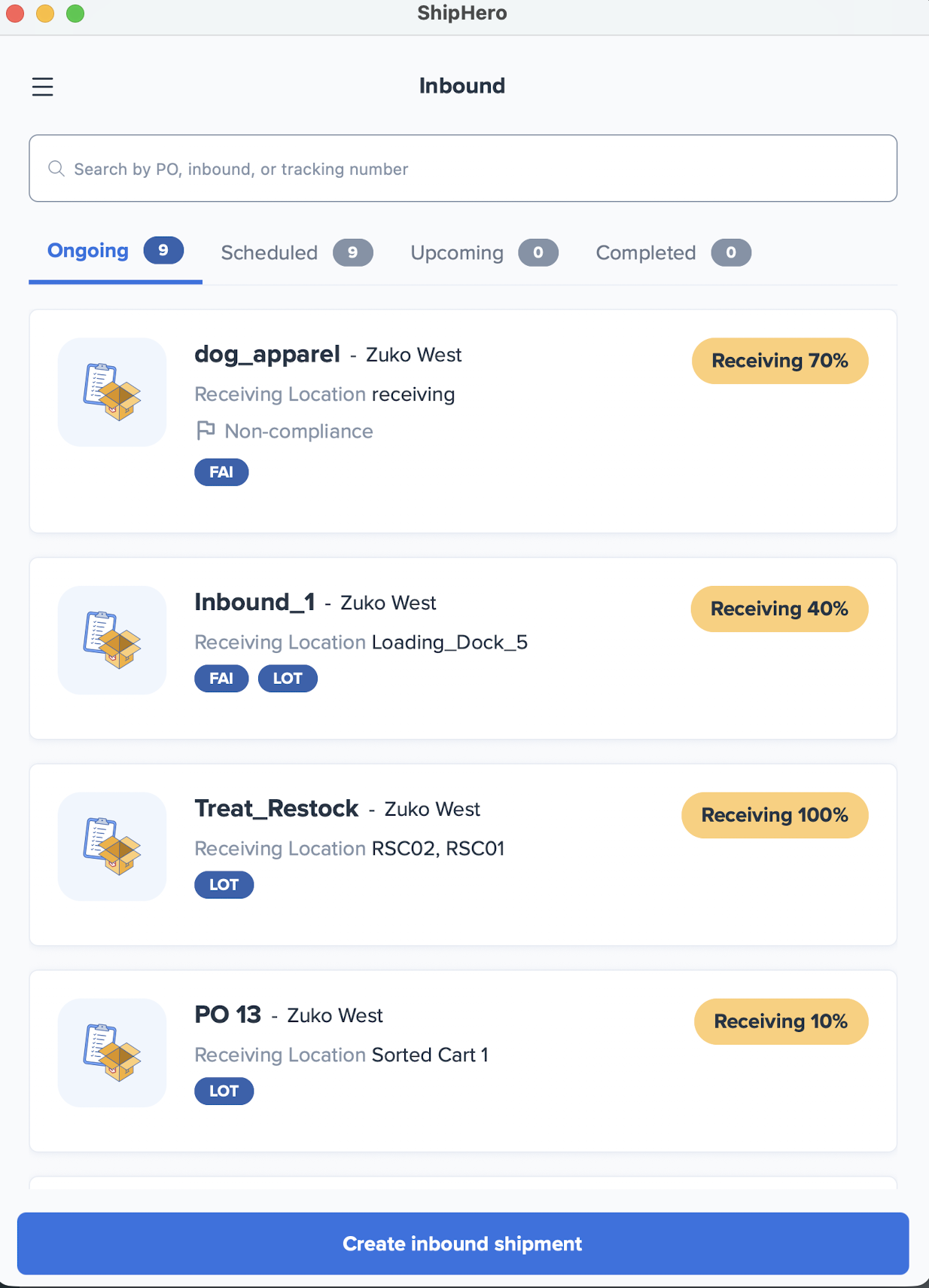 Inbound receiving page on ShipHero mobile app