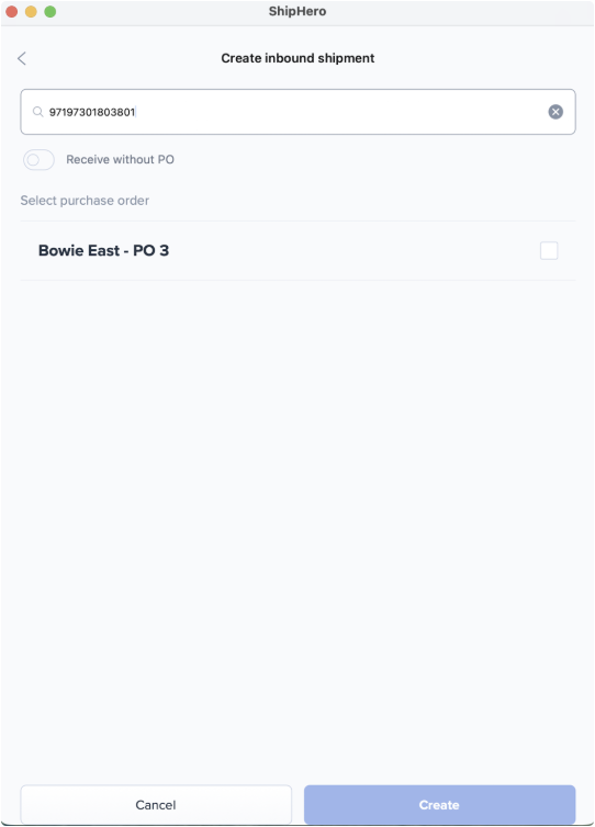 Scanning an existing PO barcode on ShipHero mobile app