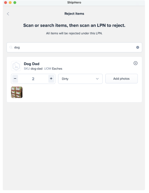 Entering rejected quantity and reason on ShipHero mobile app