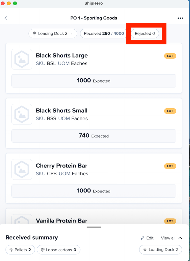 Rejected counter button on ShipHero mobile app