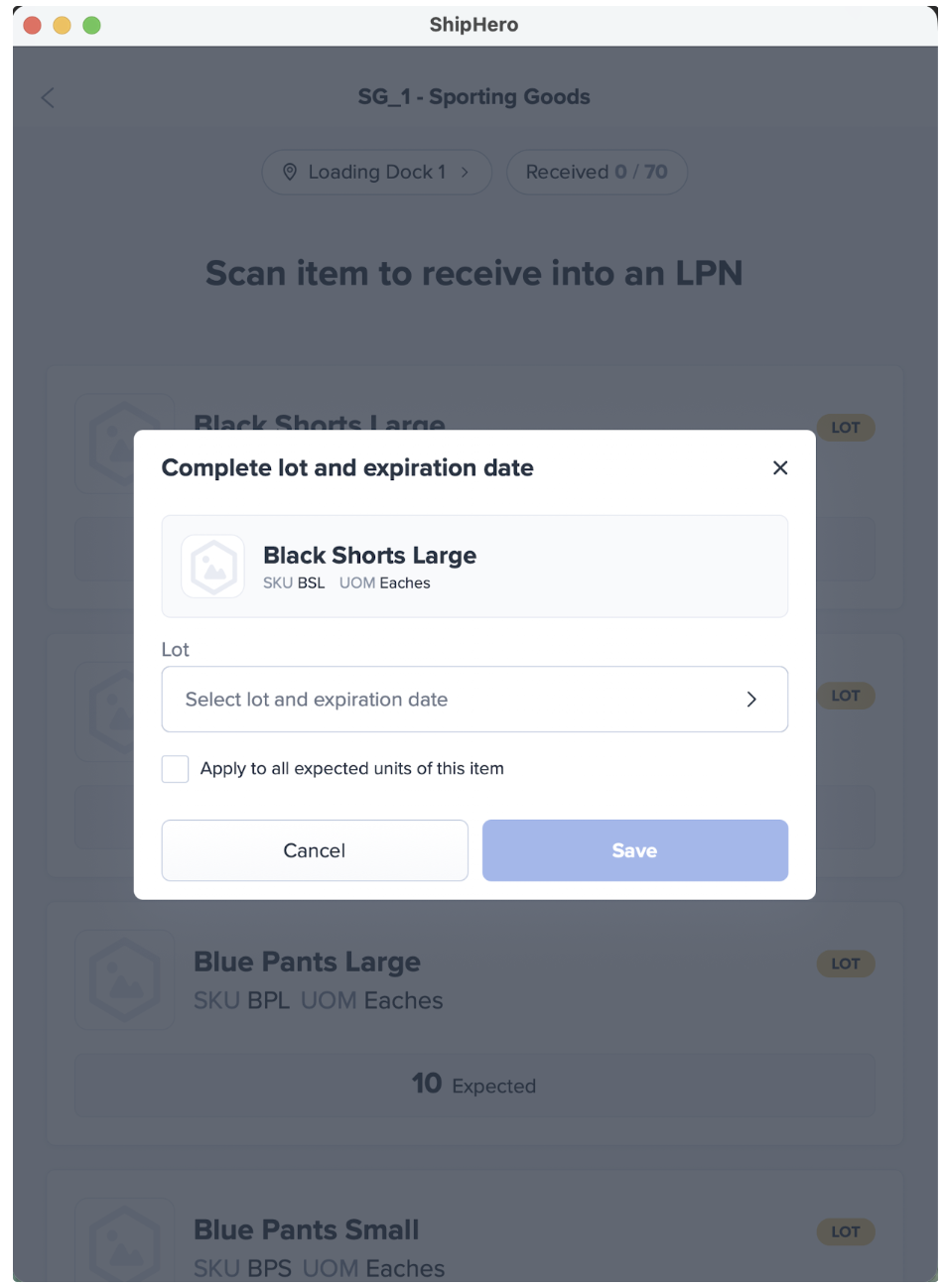 Lot code entry screen on ShipHero mobile app