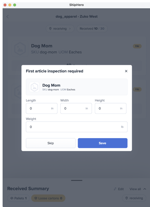 First Article Inspection dimension entry on ShipHero mobile app