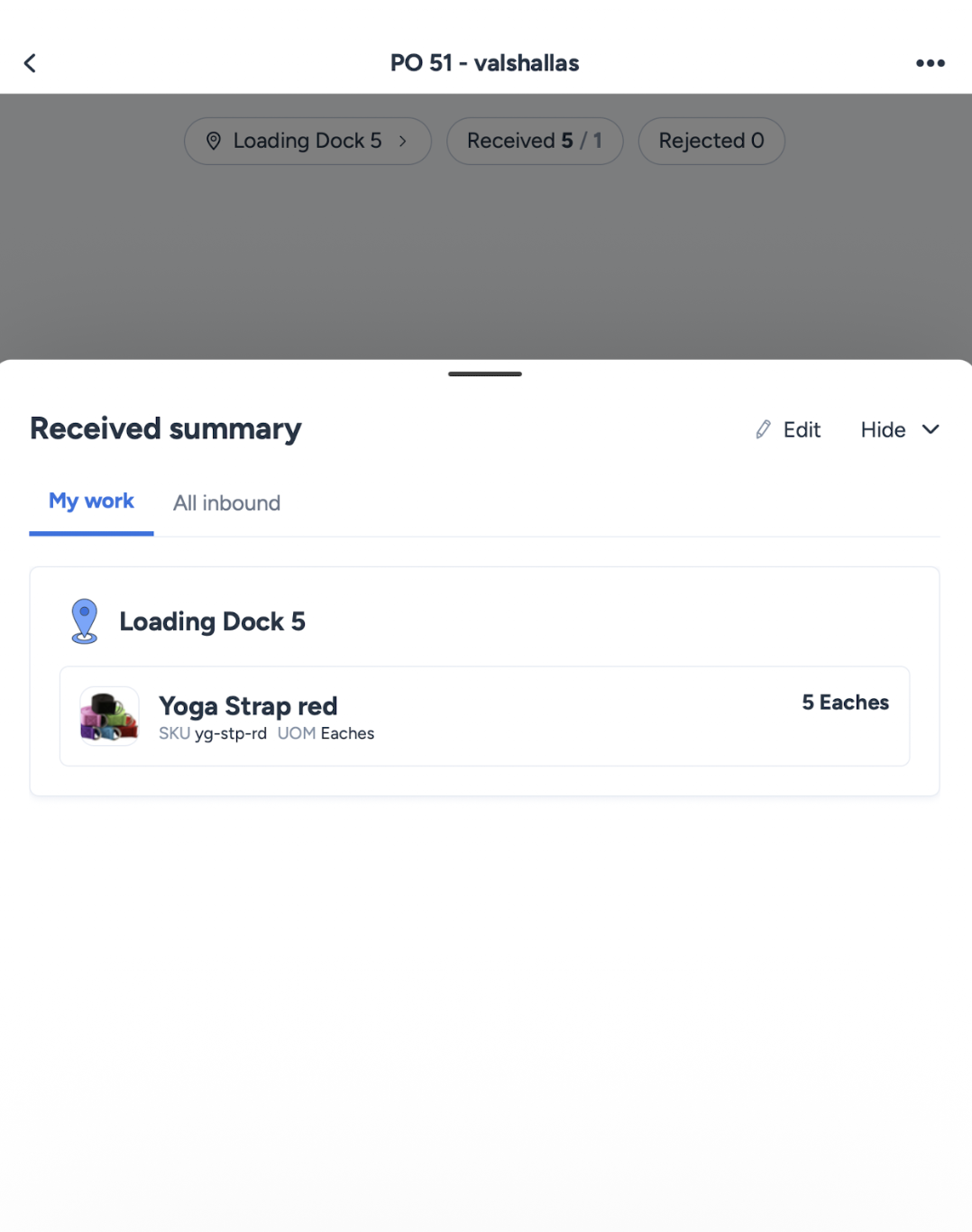Received Summary screen on ShipHero mobile app