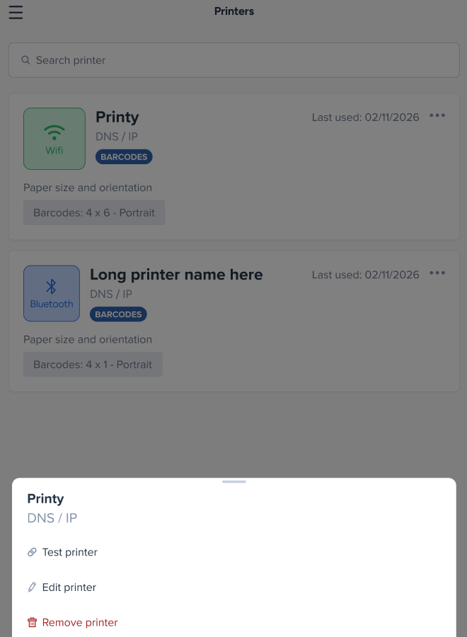 Printer 3-dot menu showing Edit, Test, and Remove options