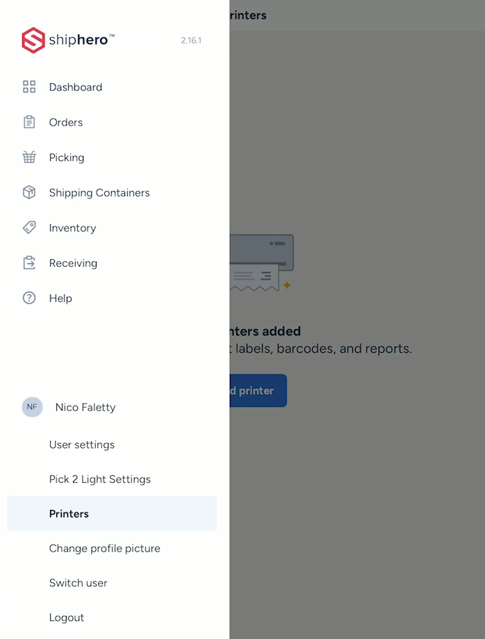 ShipHero mobile app Printers screen
