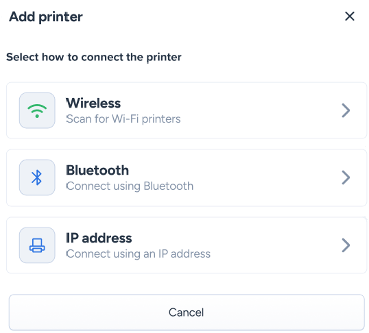 Scan or IP Address selection screen