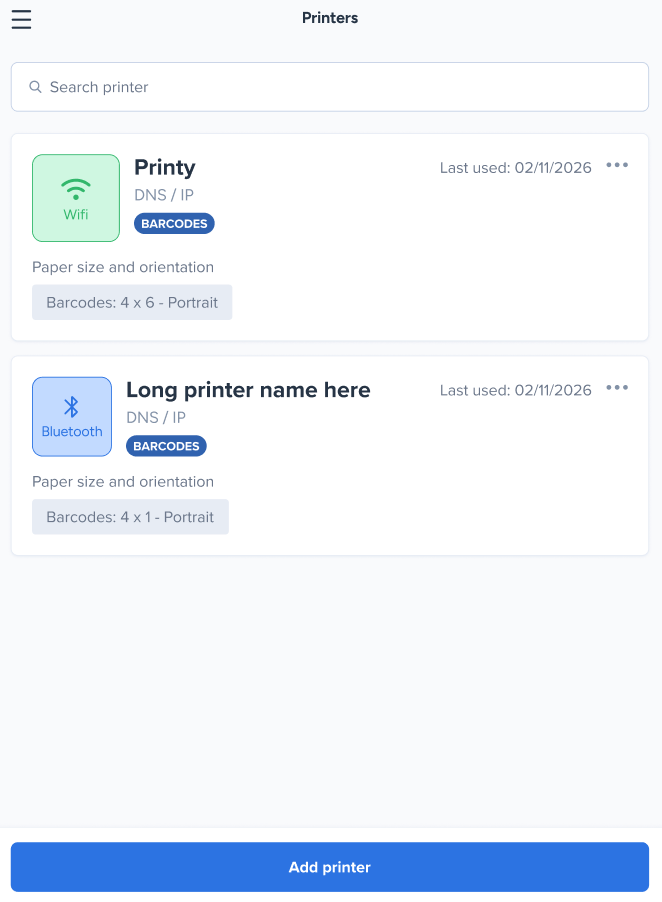 Saved printers list with connection status