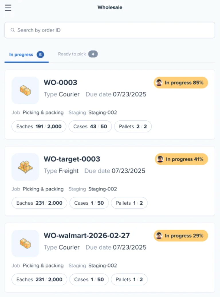 Wholesale orders mobile app view