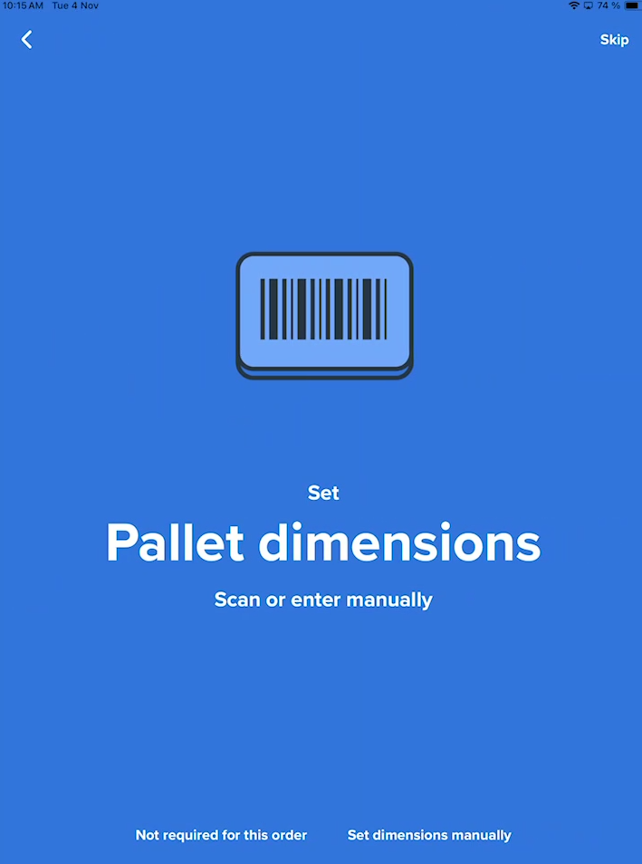 Set pallet dimensions screen