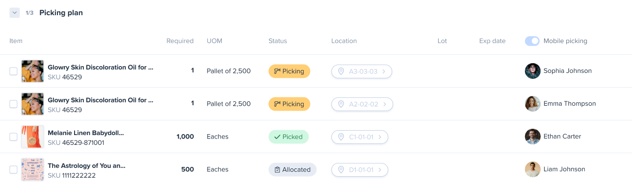 Wholesale picking item statuses