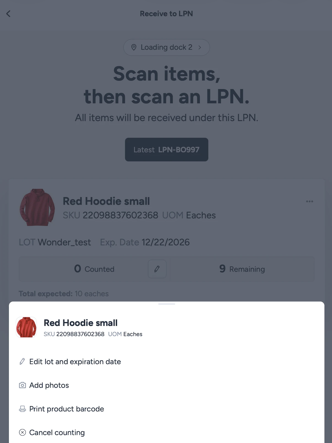 Print Product Barcode menu option on ShipHero mobile app