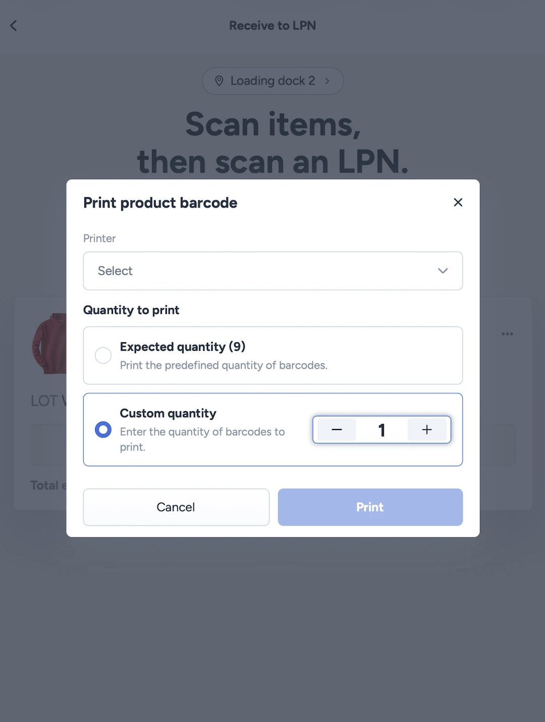 Barcode print quantity screen on ShipHero mobile app