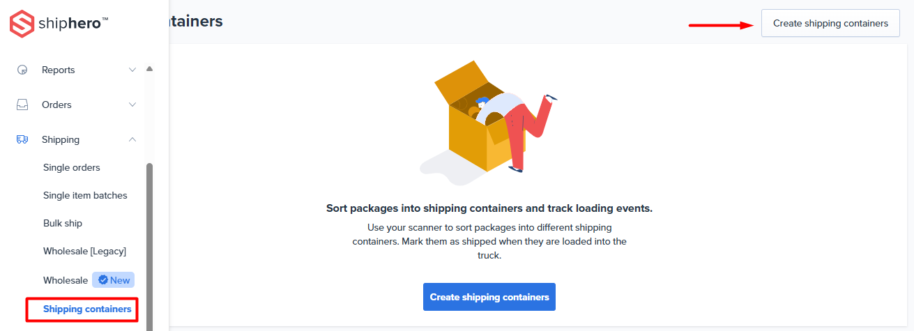 Create Shipping Containers button on the Shipping Containers page