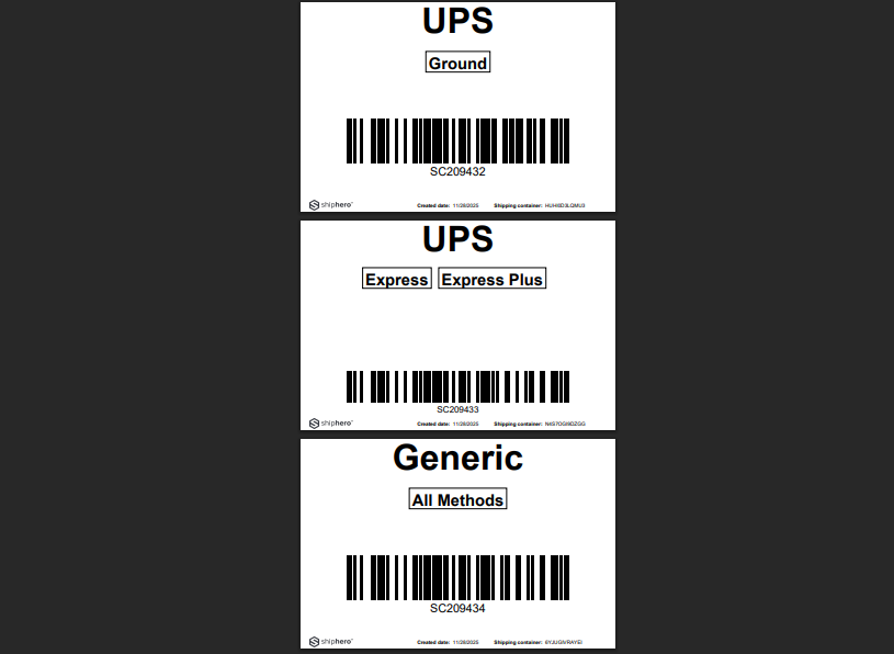 Generated PDF of shipping container labels