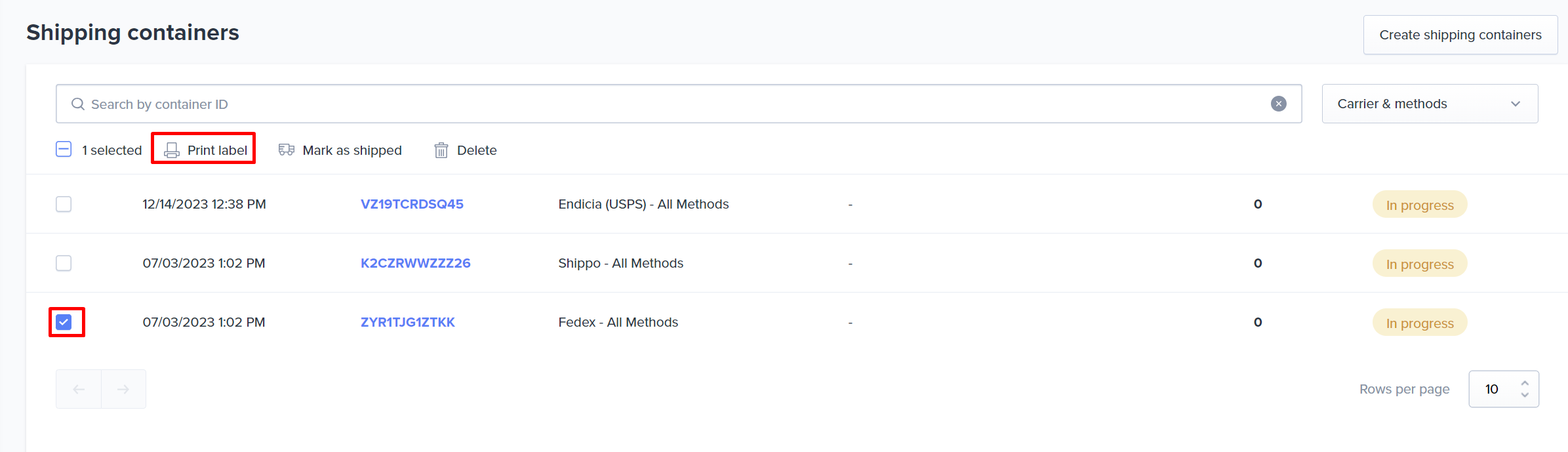 Reprint label option on the Shipping Containers page