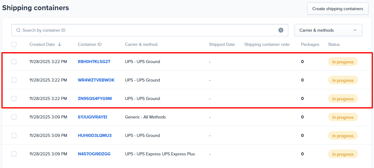 Duplicated shipping containers listed on the Shipping Containers page