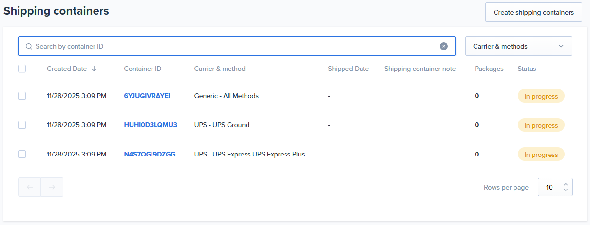 Newly created shipping containers listed on the Shipping Containers page