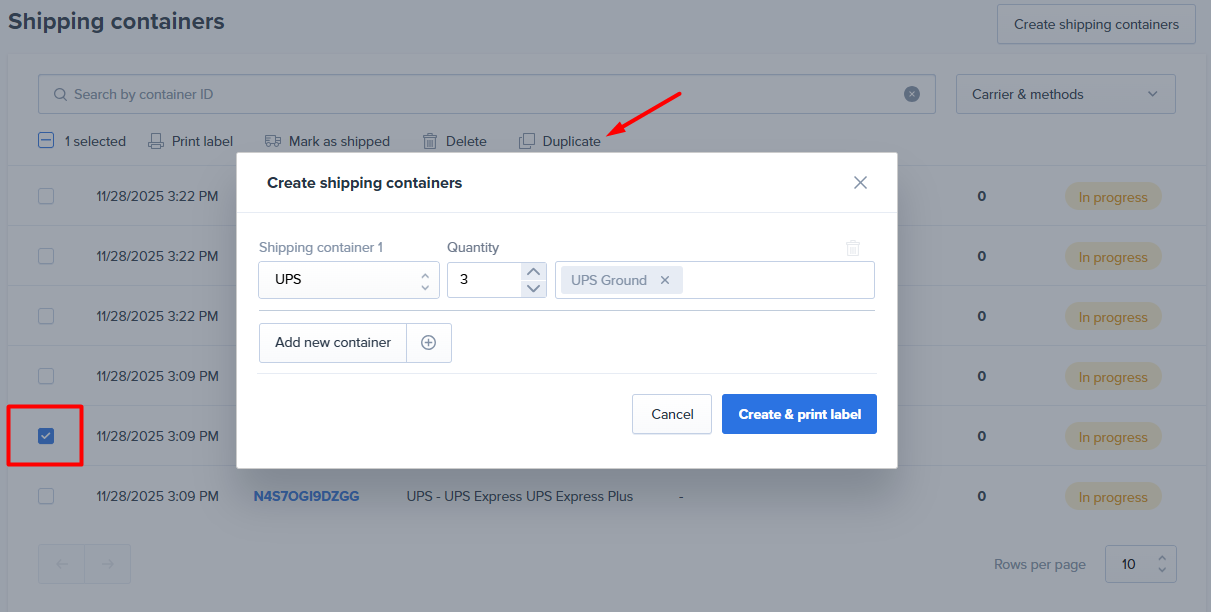 Duplicate shipping container dialog with quantity field