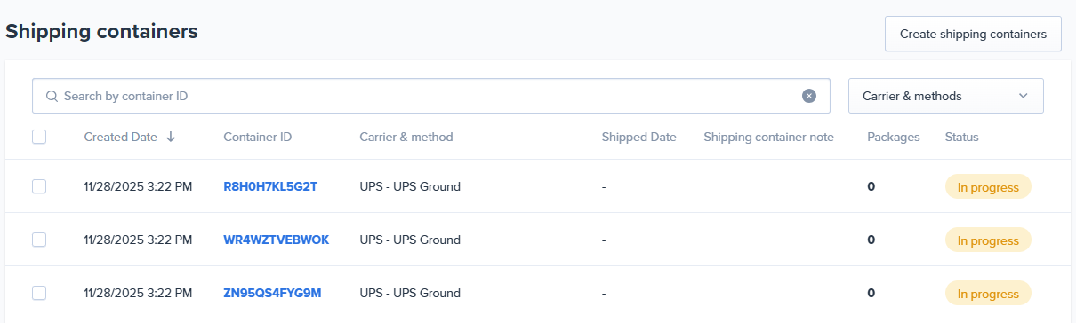 Shipping Containers page showing container list with status column
