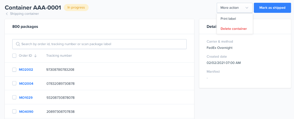 Shipping container details page with orders list and more actions dropdown