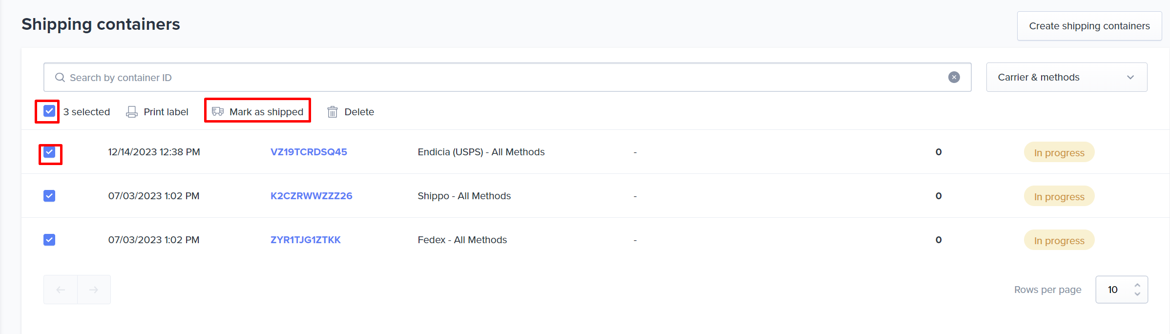 Mark it as shipped bulk action on the Shipping Containers page