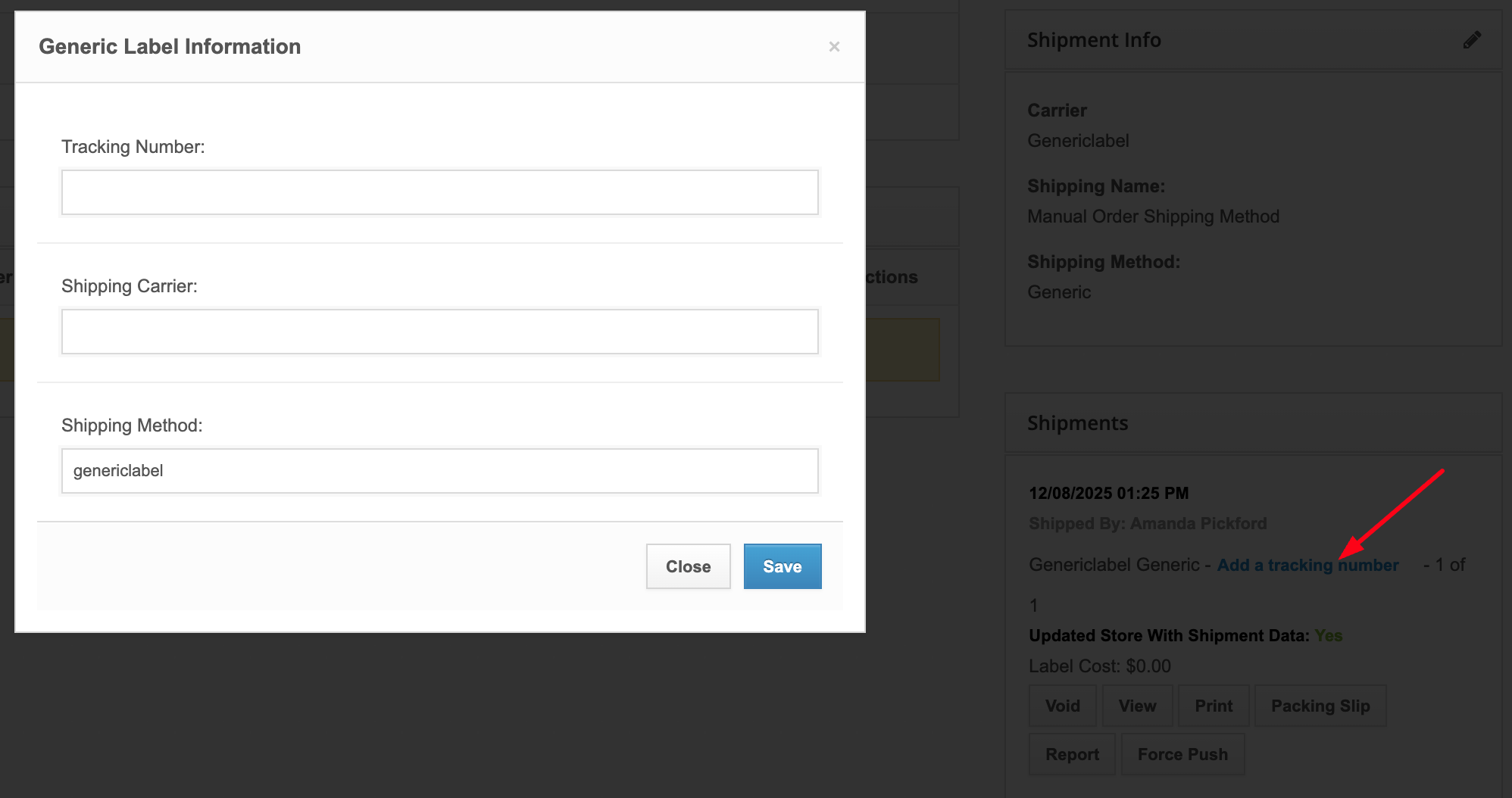 Adding a tracking number to a generic label from the Order details page