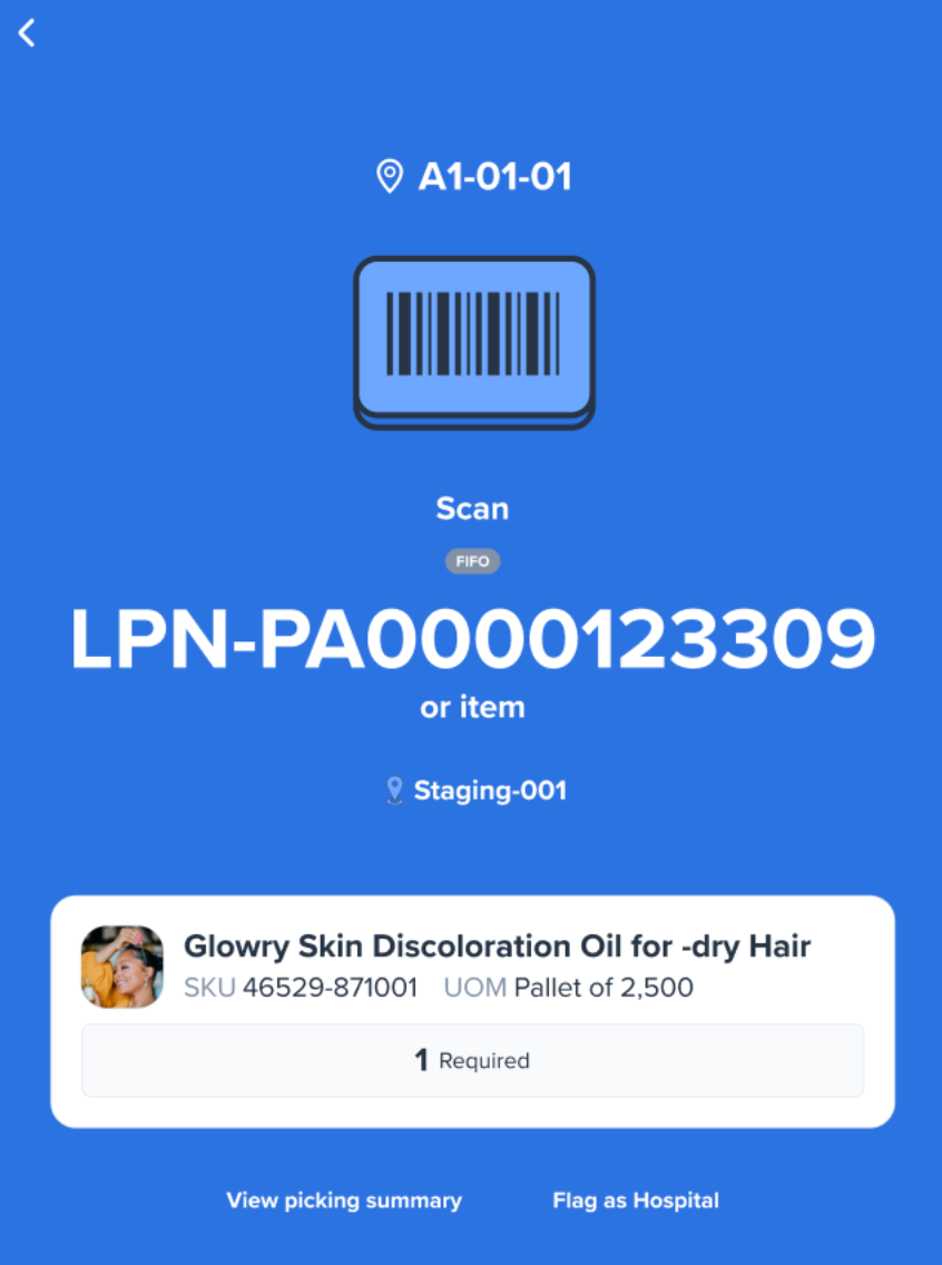 Mobile screen showing the FIFO badge next to the assigned LPN