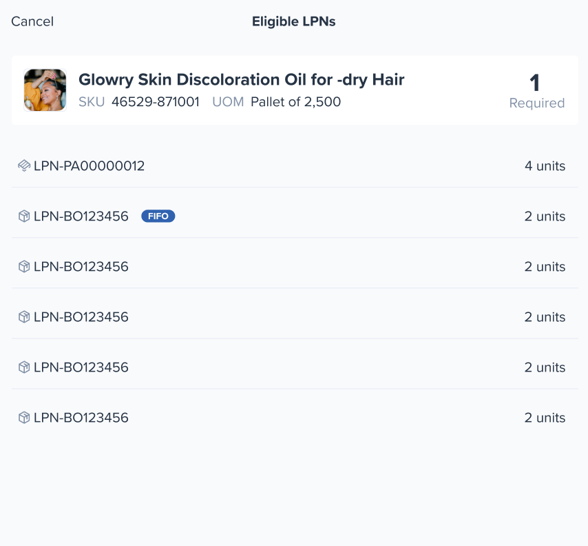 View eligible LPNs screen showing other valid LPN options