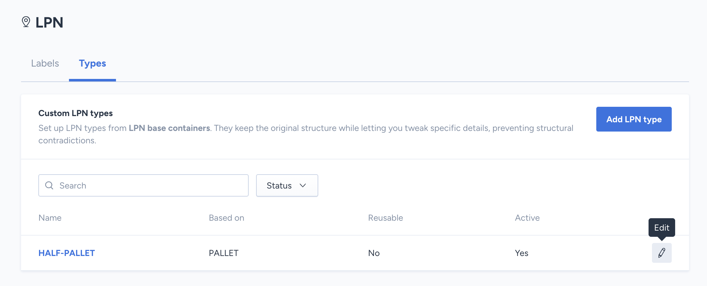 Editing an LPN type's name, Active toggle, and Reusability setting