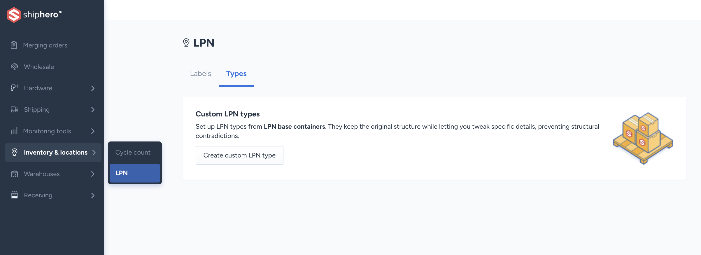 Add LPN type button shown in the center of the page for the first custom LPN type